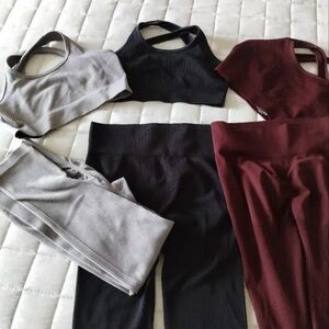 Ribbed Seamless Active Set Tops & Leggings in Black, Gray, and Burgundy
